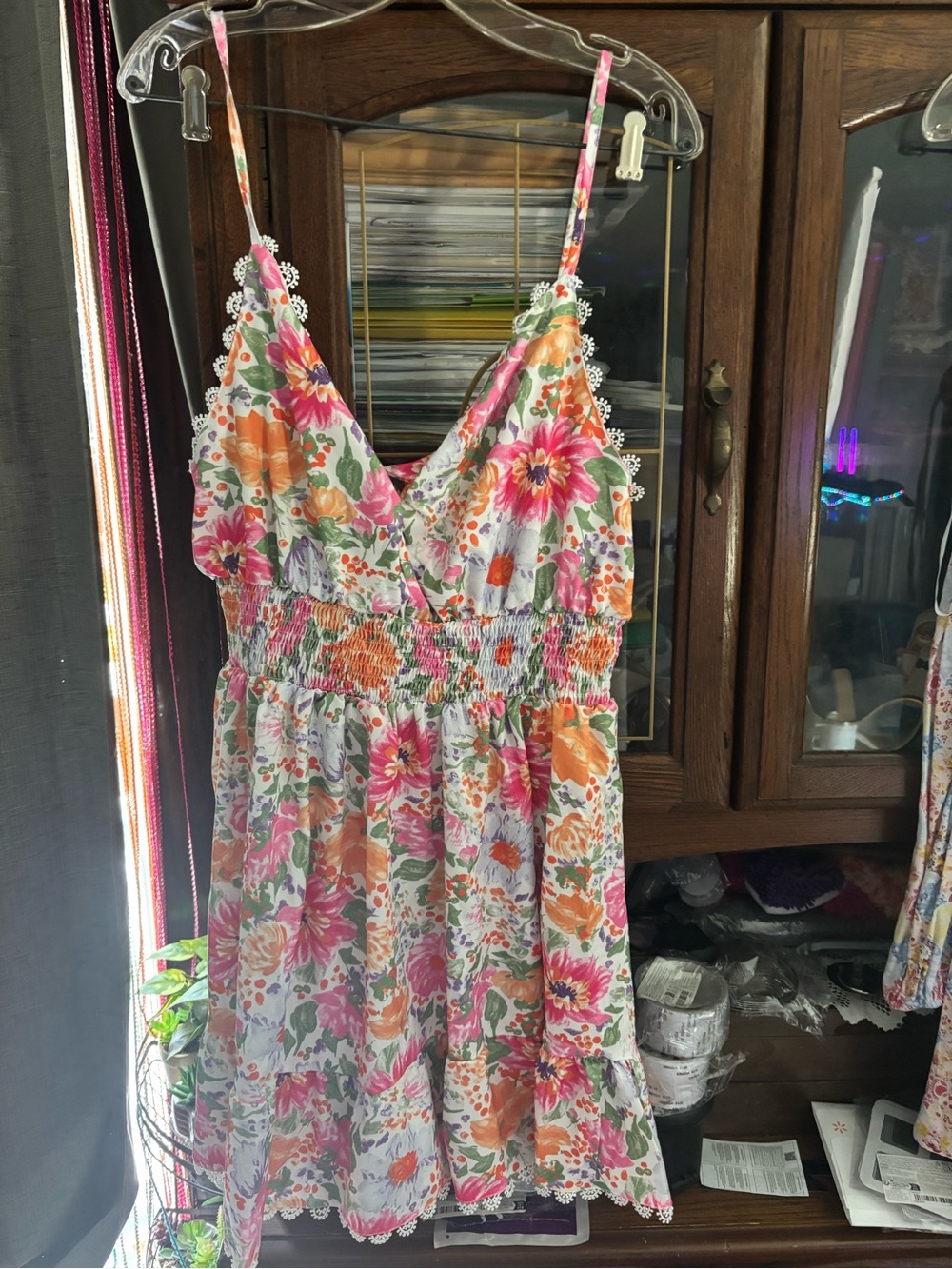 Floral Smocked V-Neck Sundress - Pink & Orange - Picture 2 of 3